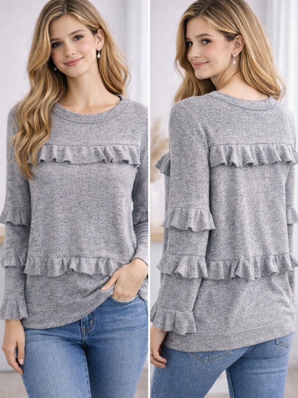 Cozy Gray Ruffle Knit Pullover Sweatshirt